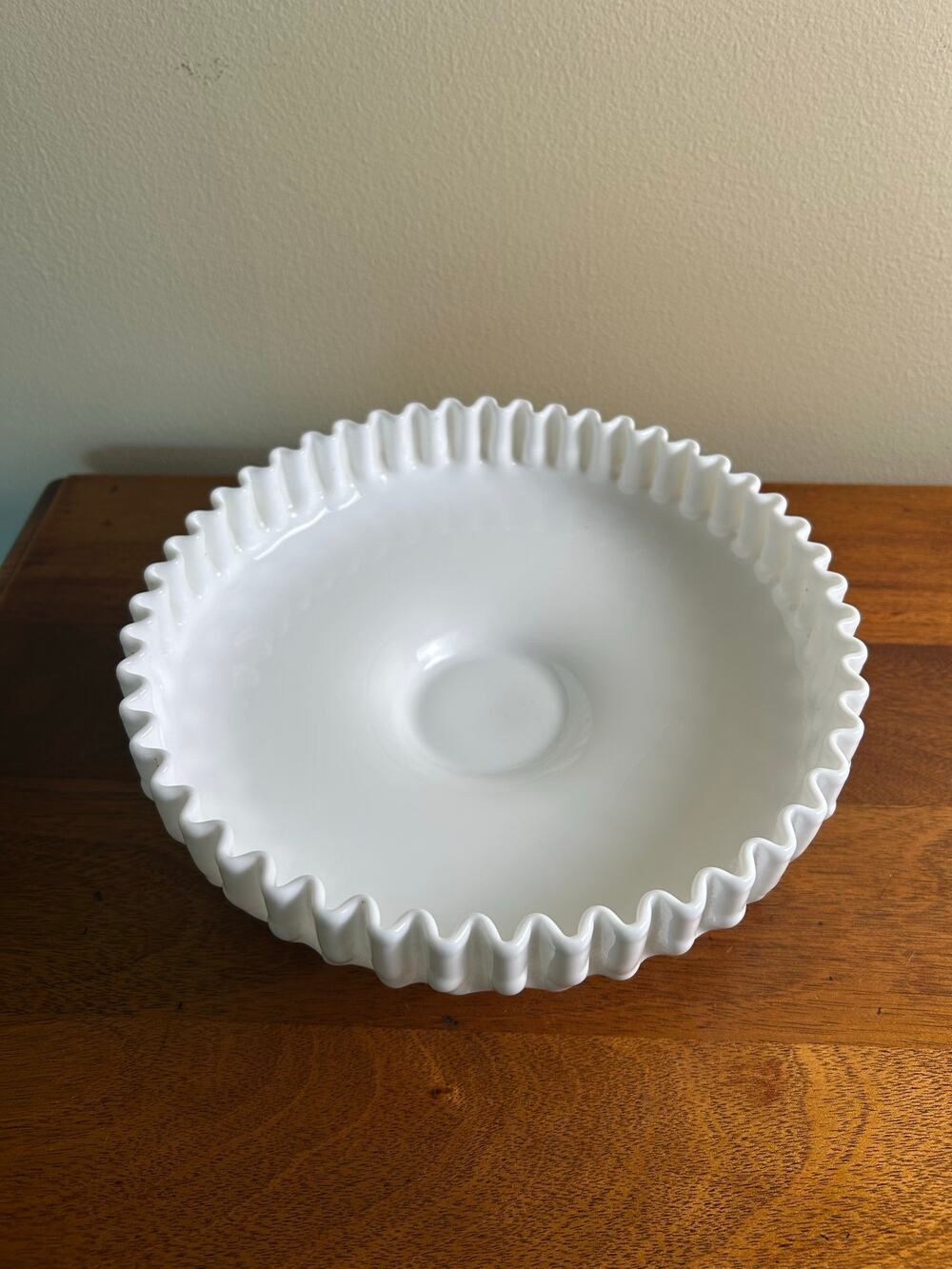 Vintage Fenton Milk Glass Hobnail Compote Bowl, Ruffled Edge Pedestal Dish